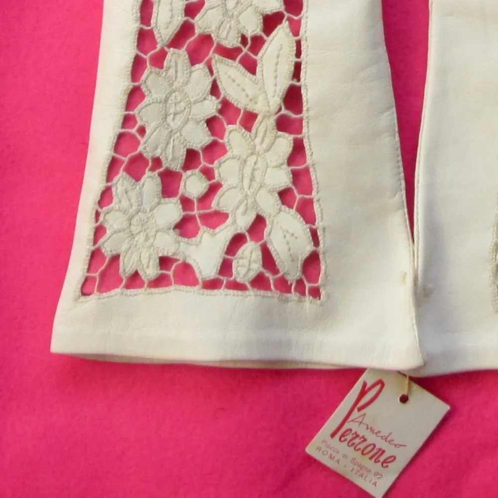 cottagecore vintage long white lace leather opera gloves size 6.5 bride prom